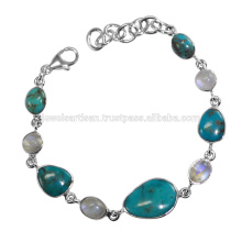 Arizona Turquoise And Rainbow Moonstone Gemstone 925 Solid Silver Bracelet